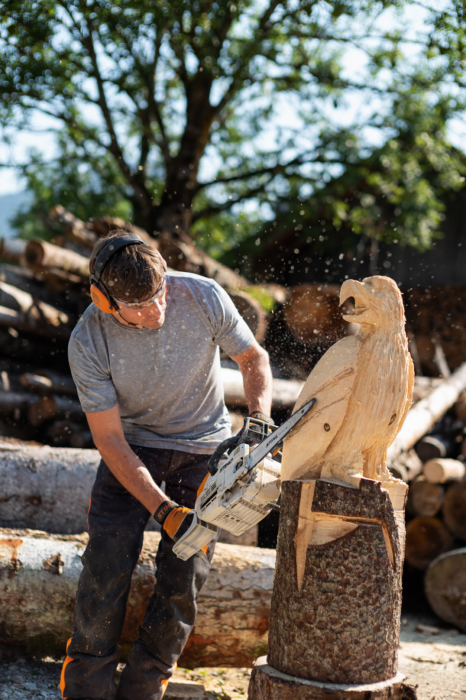 Mężczyzna wycinający orła z pnia drzewa benzynową pilarką łańcuchową STIHL MSE 193 CE z prowadnicą do carvingu